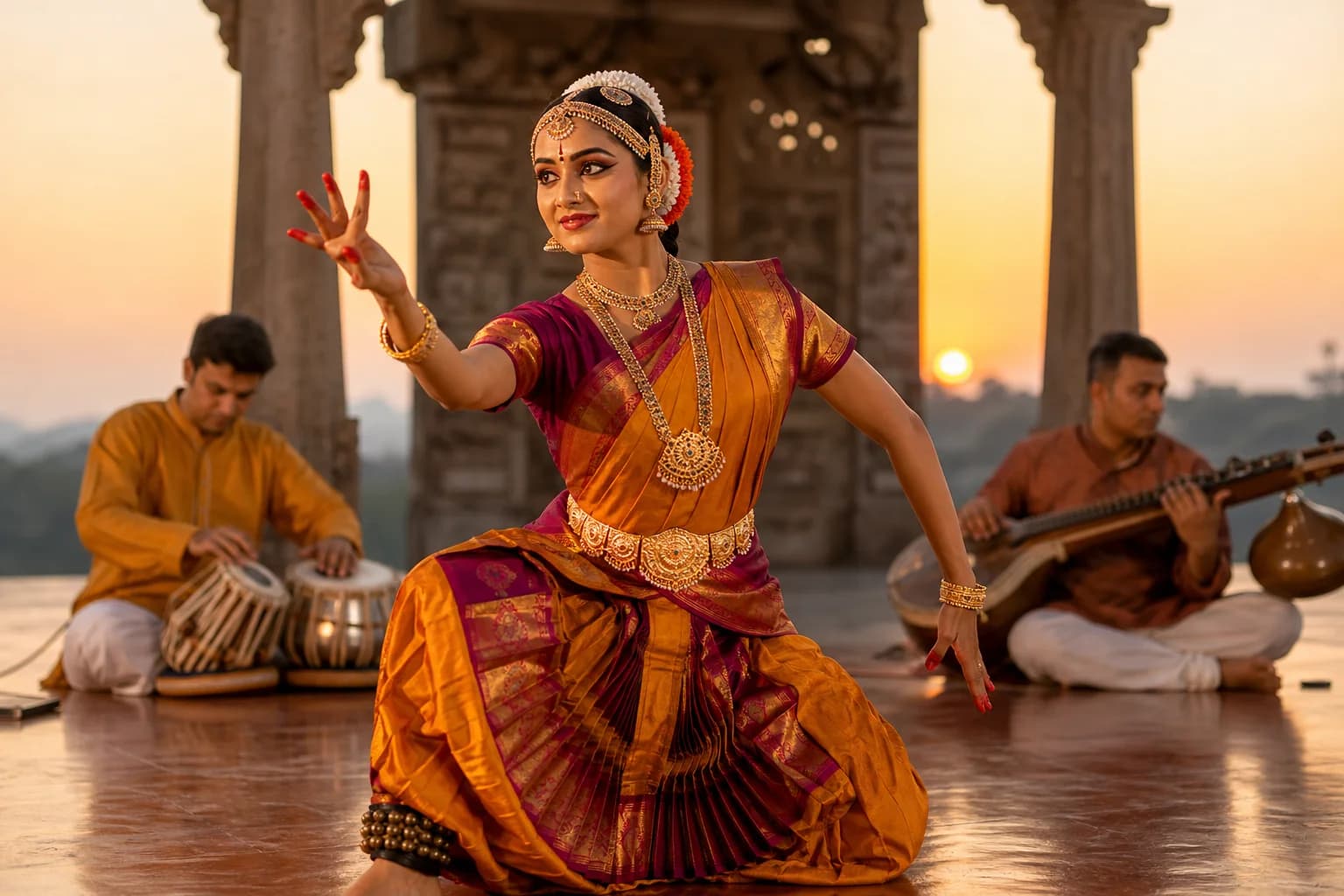 Art & Culture — a classical Bharatanatyam dancer performing at golden hour with live musicians