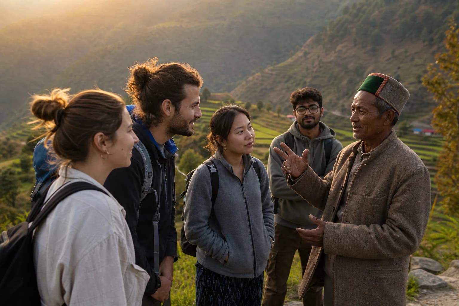 Responsible & Regenerative Tourism — travelers engaging with a local village guide amid rural hills