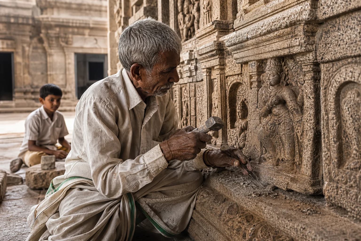 Heritage — an artisan restoring an intricate centuries-old stone temple carving